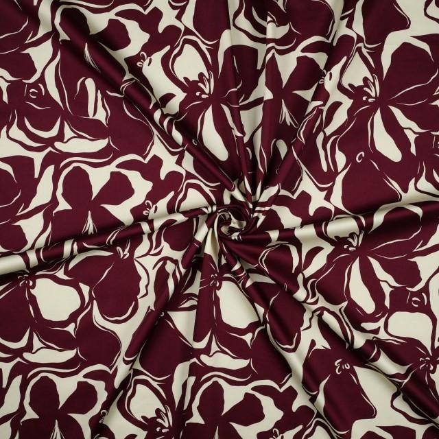 Stoff Baumwolle Satin Flowers Bordeaux - 1