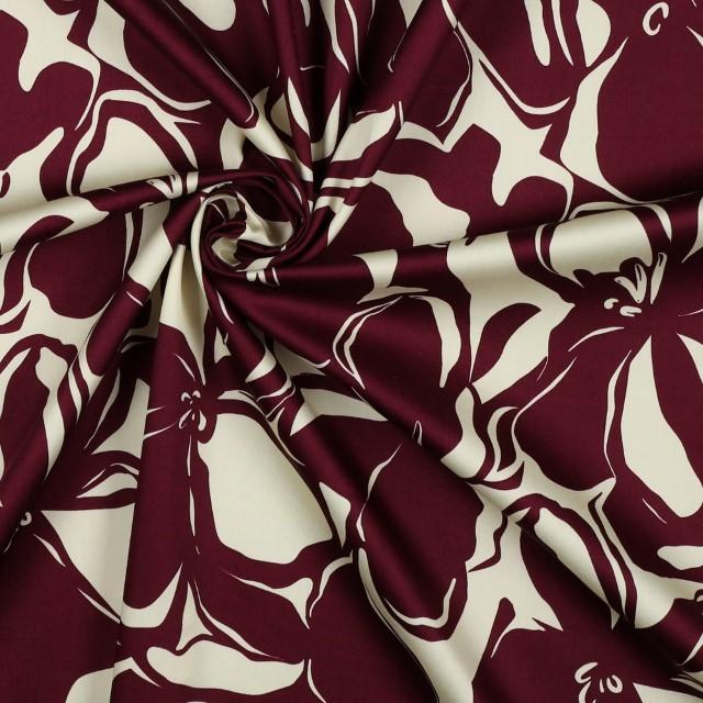 Stoff Baumwolle Satin Flowers Bordeaux - 0