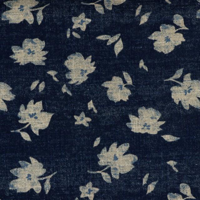 Stoff Leinen/Viskose Flowers navy