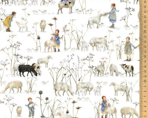 Stoff Baumwolle Winterkinder und Schafe