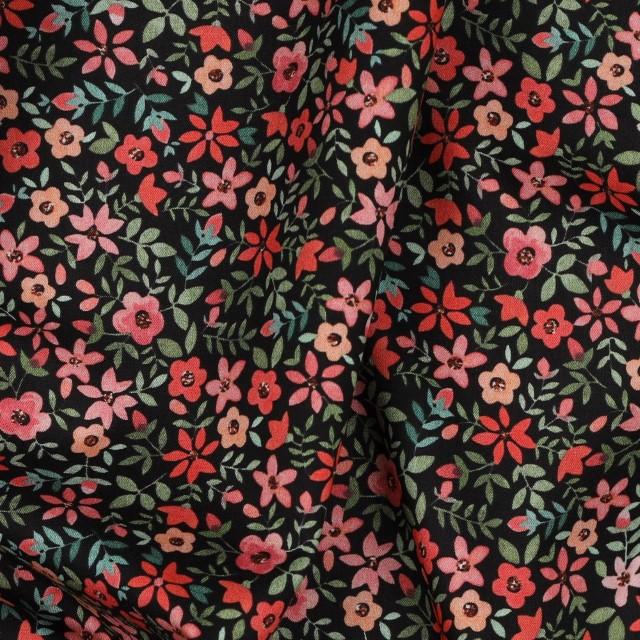 Stoff Poplin, Flowers pink/black - 0