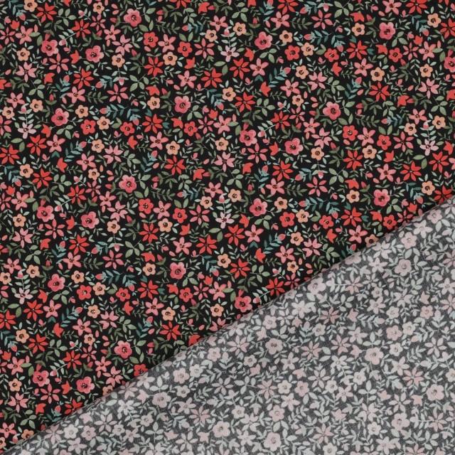 Stoff Poplin, Flowers pink/black - 2