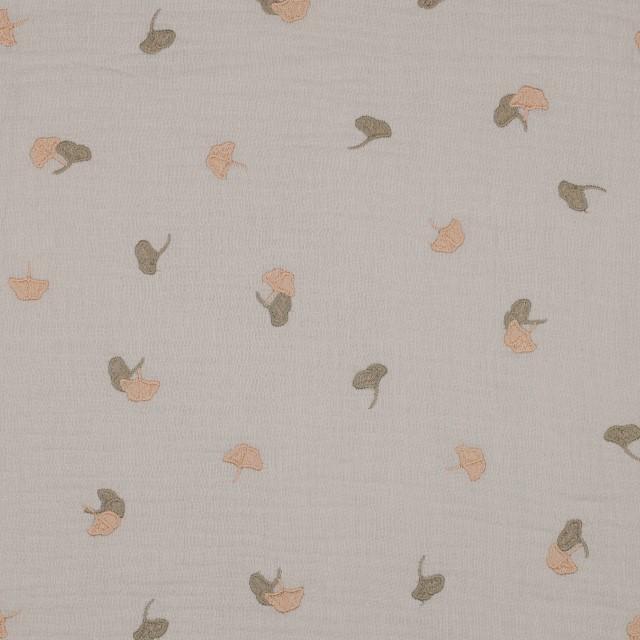 Stoff Double Gauze bestickt Ginkgo