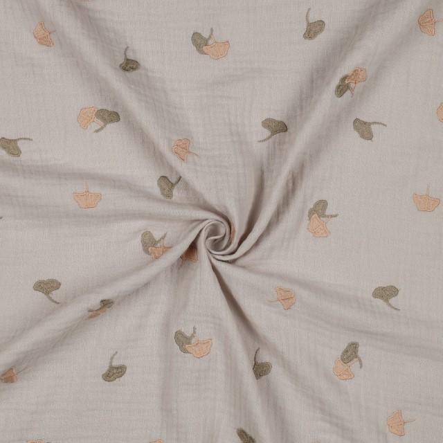 Stoff Double Gauze bestickt Ginkgo - 0