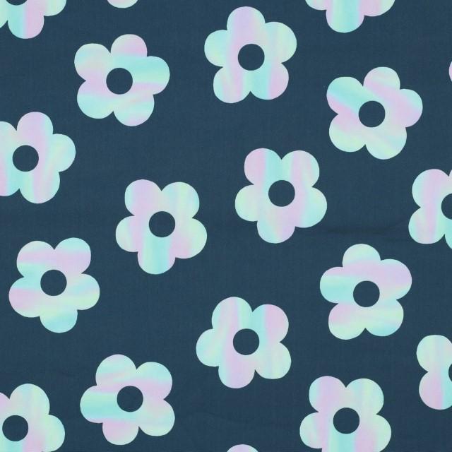Stoff Softshell, digital flowers dark petrol