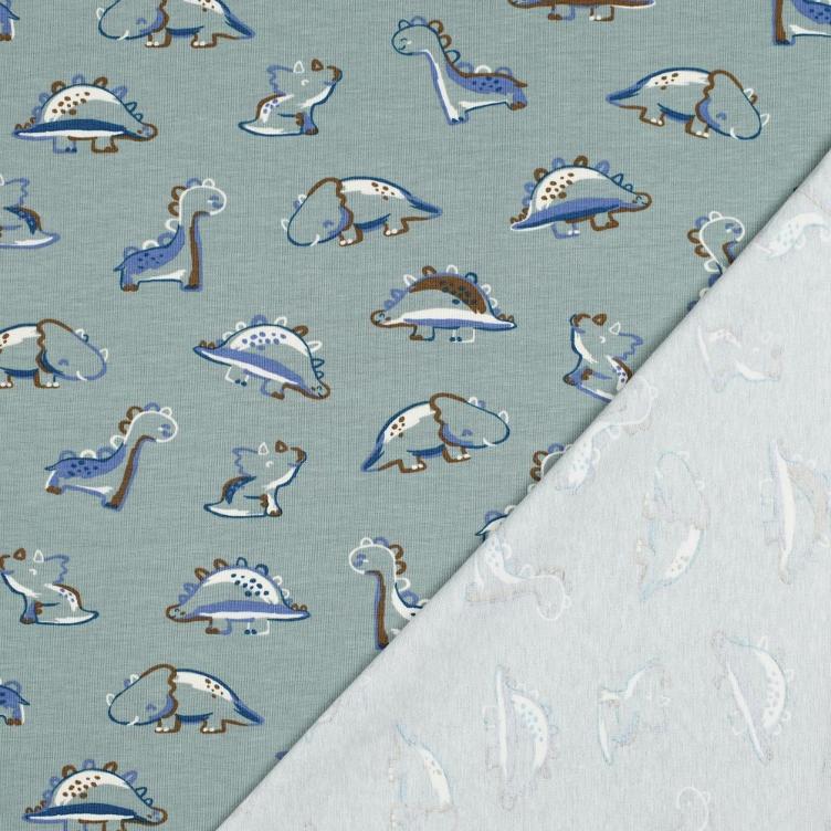 Stoff Jersey Gots Dinosaurus, sauge - 1