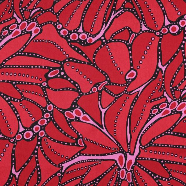 Stoff Cotton satin, flowers dark red