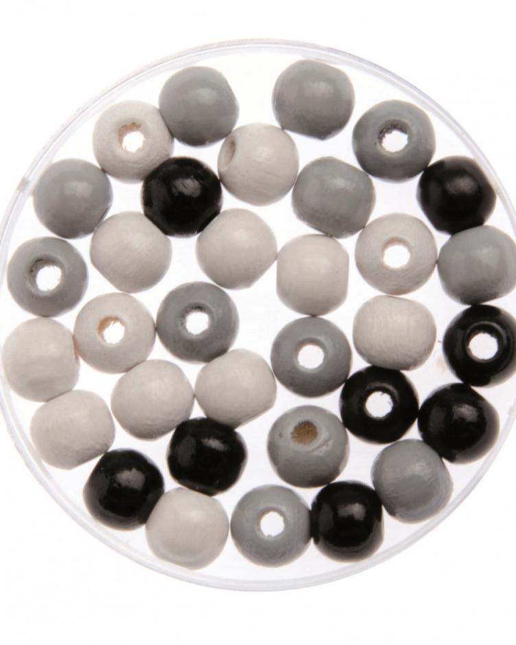Holzperlen 12mm 28stk, schwarz/weiss/grau