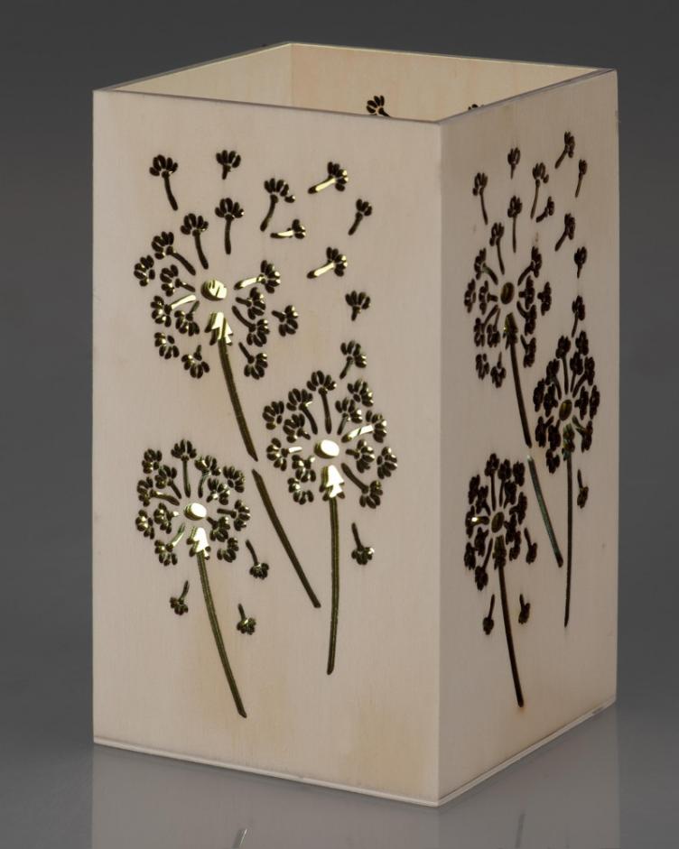 Windlicht aus Holz, Pusteblume