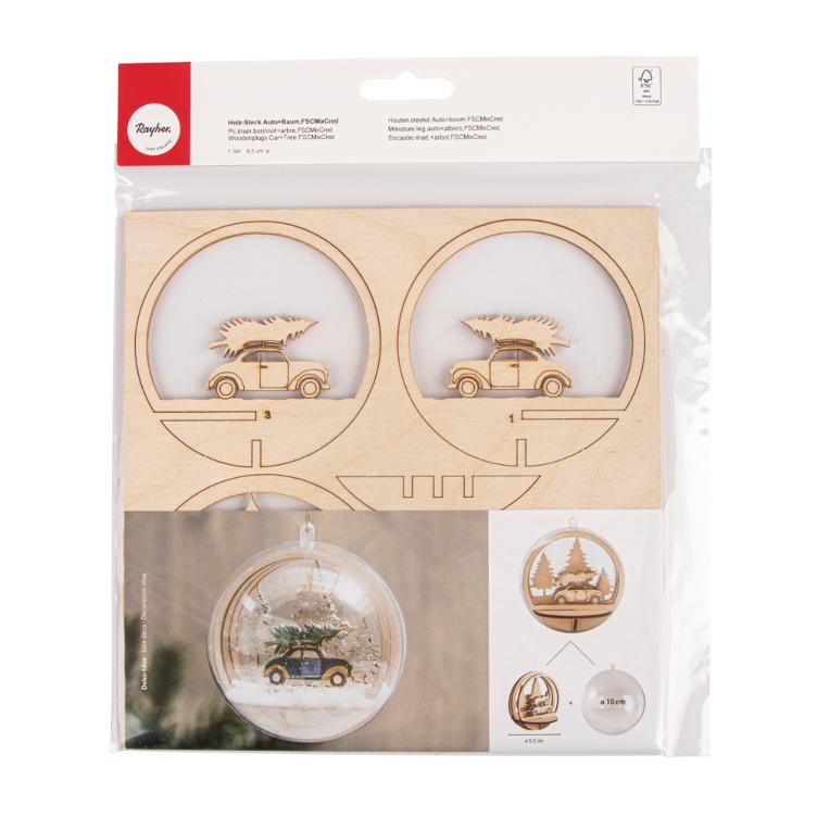 Holz-Steckteil Auto+Baum, FSCMixCred, 9,5cm ø, natur, 5-tlg. - 0