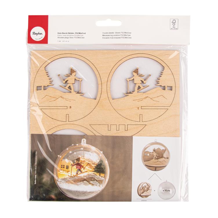 Holz-Steckteil Skifahrer, FSCMixCred, 9,5cm ø, natur, 5-tlg. - 0