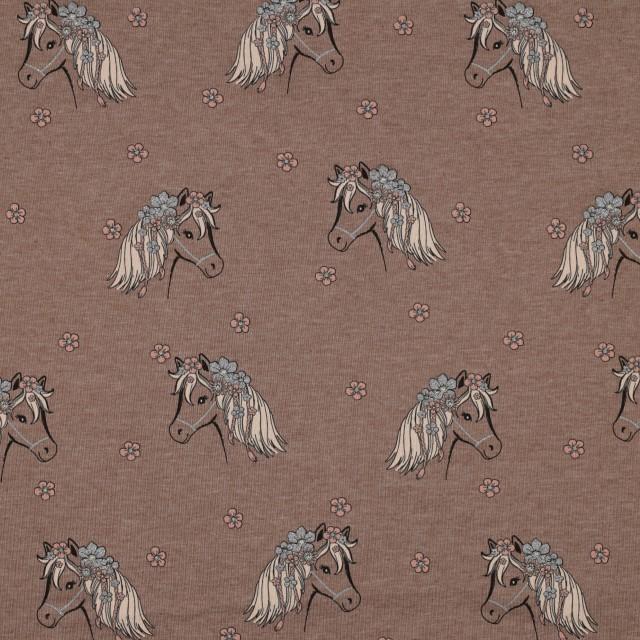 Stoff Jersey Glitter Horses, Taupe