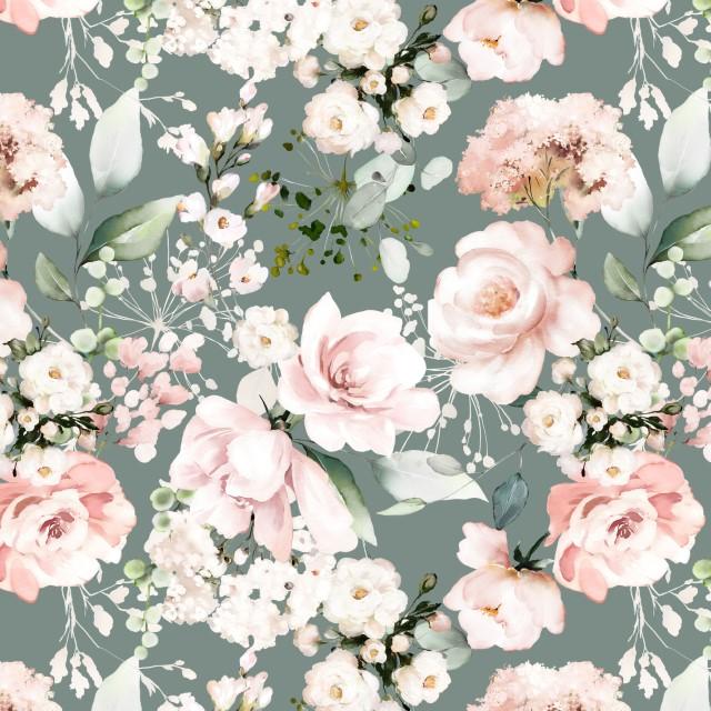 Stoff Baumwolle Canvas Digital Flowers, old green