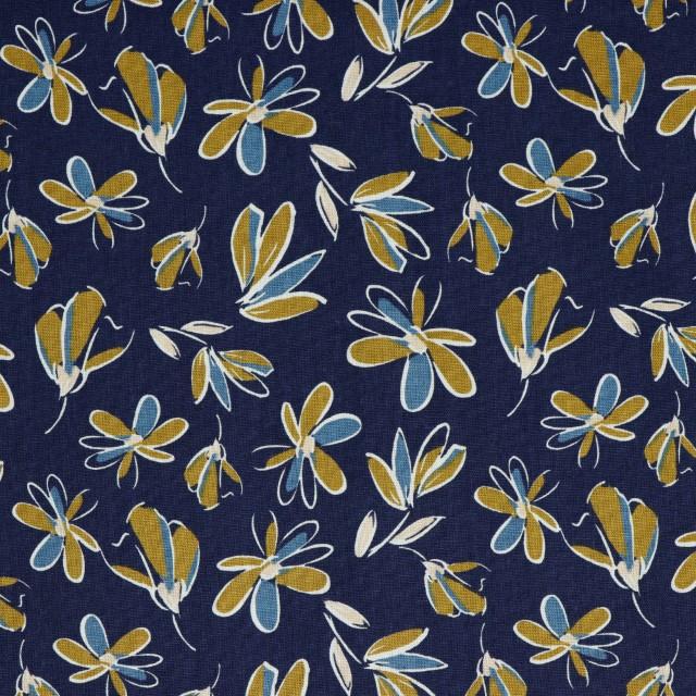 Stoff Leinen/Viskose Flowers, dunkelblau