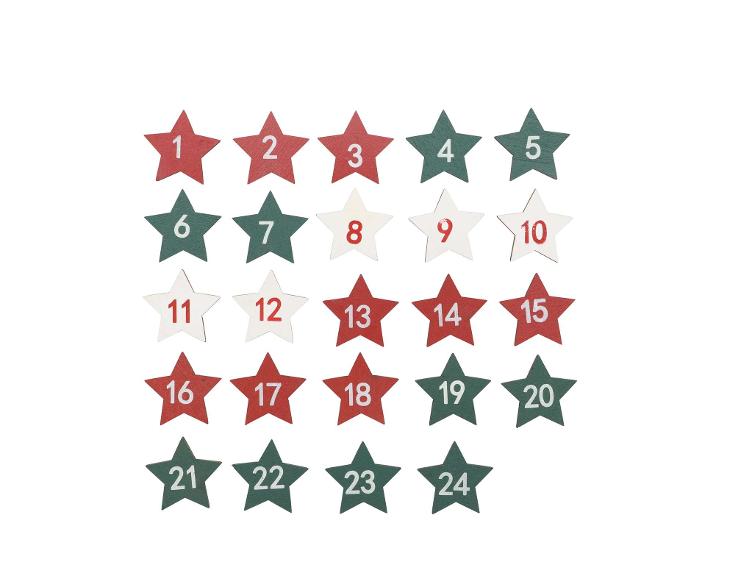 Holzsterne, rot/grün/weiss, Adventskalenderzahlen 1-24