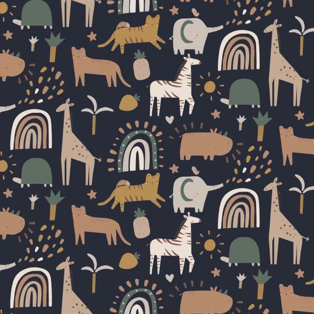Stoff Jersey Safari Animals, dunkelblau