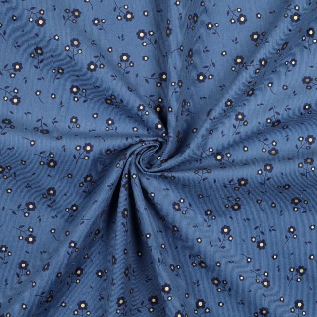 Stoff Babycord Glitter Small Flowers blau/gold - 0