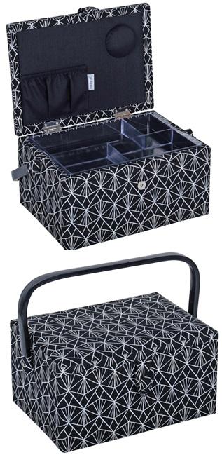 NÄHKORB MIT PLEXIGLAS-EINSATZ, 18.5 x 25.5 x 14.5 CM, ORNAMENTE, SCHWARZ / WEISS