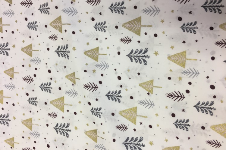 Stoff Tannenbäume, weiss-gold-grau
