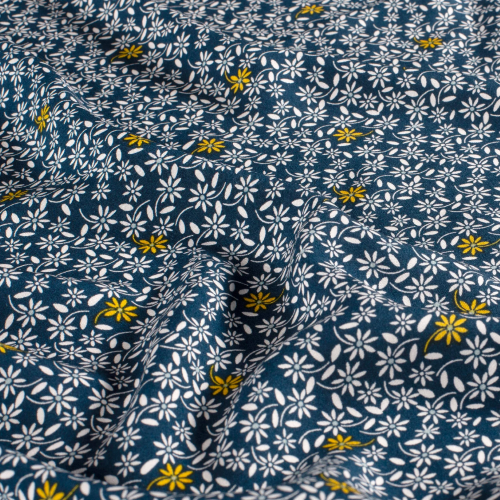Stoff Viskose Kleine Blumen Dunkelblau/Weiss
