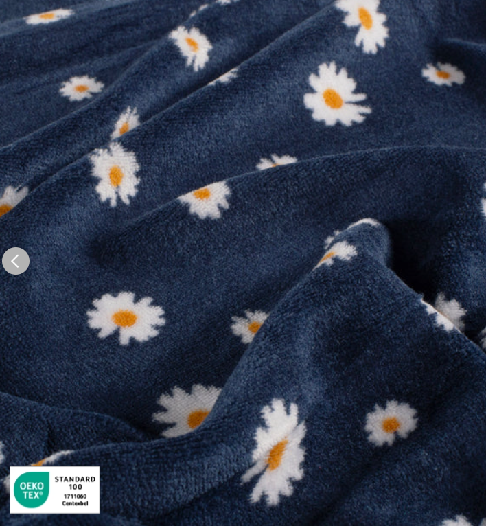 Stoff Nicki Plüsch Margeriten dunkelblau