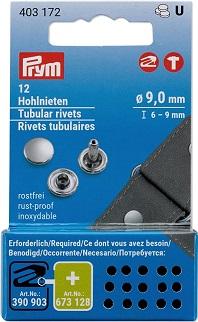 PRYM HOHLNIETEN ROSTFREIES MESSING, ⌀ 9MM, 6-9MM KLEMMBEREICH SILBERFARBIG