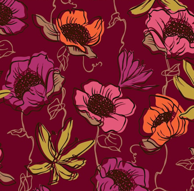 Stoff Jersey Baumwolle Blumen, Bordeaux