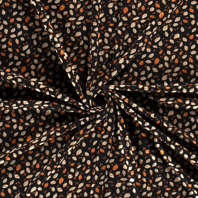 Stoff Jersey Blätter, schwarz/orange/weiss - 0