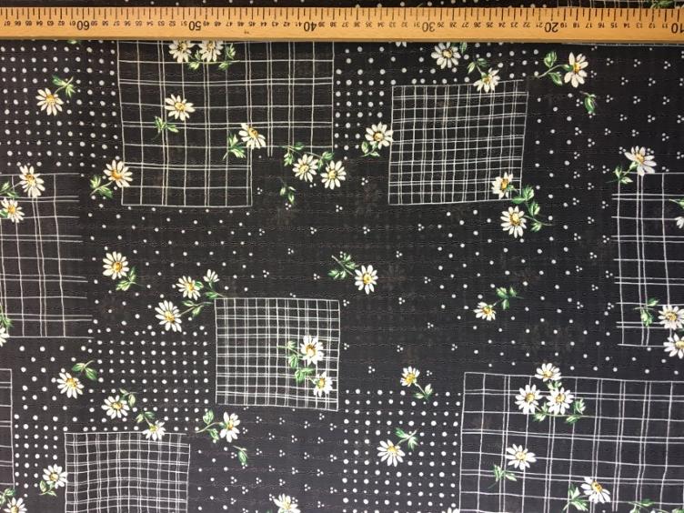 Stoff Viskose, Schwarz mit Blumen und Raster