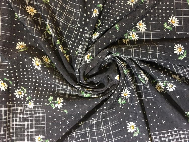 Stoff Viskose, Schwarz mit Blumen und Raster - 0